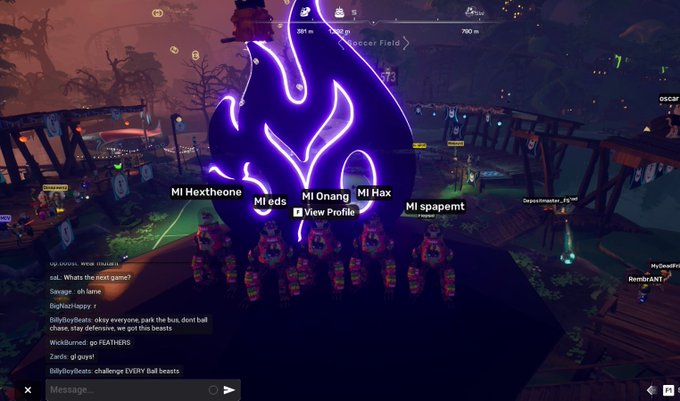 A team of five players in pink "Savage" jerseys poses together in front of a glowing purple Yuga Labs logo at the Otherside Cup, with in-game usernames "MI Hextheone," "MI eds," "MI Onang," "MI Hax," and "MI spamemt" visible above them. The "MI" prefix corresponds to their team affiliation with Mutant Infusion, the squad @spapemt is proudly representing despite not taking the win.