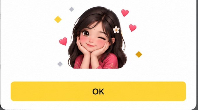 A digital illustration of a smiling girl with a winking eye and a flower in her hair, surrounded by floating hearts and yellow shapes above a yellow 'OK' button.