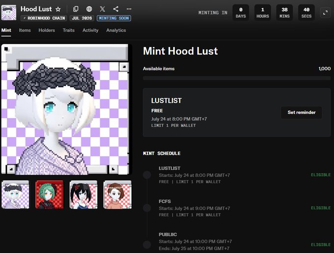 The image shows a webpage for "Hood Lust" NFT mint on the RootMood Chain, with a countdown timer indicating it will start in 38 minutes and 40 seconds, featuring a pixel art character with white hair and a dark floral crown against a purple checkered background. The mint page displays 1,000 available items and shows eligibility status for three phases—Lustlist (8:00 PM GMT+7), FCFS (9:00 PM GMT+7), and Public (10:00 PM GMT+7), all marked "ELIGIBLE"—aligning with the poster's intent to join the upcoming mint.