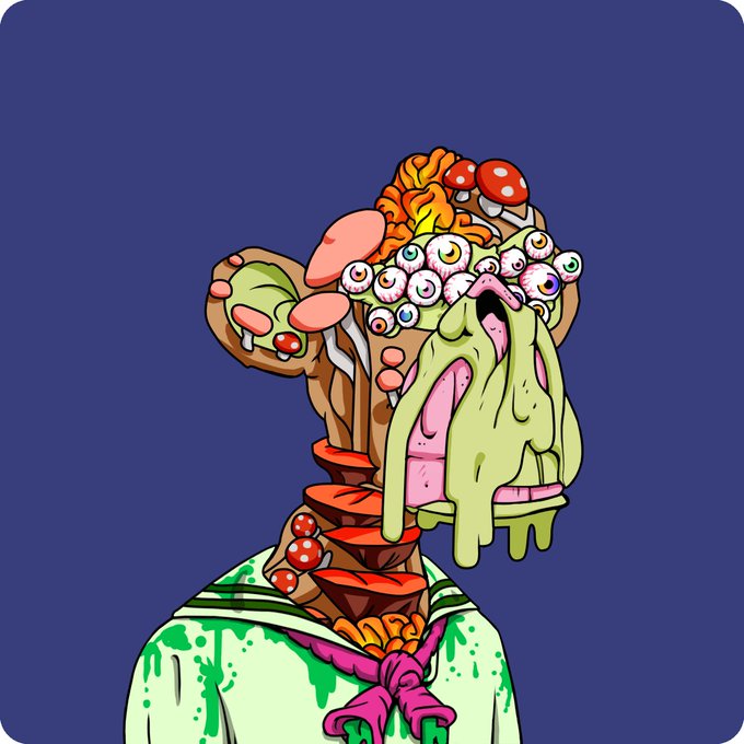 A grotesque, cartoonish illustration depicts a humanoid figure with a melting, dripping green face, a single large eye in its mouth, and a head exploding with mushrooms, eyeballs, and a brain, all twisted into a spinal column rising from its blood-stained shoulders. Tying into the post's "Ape for Life" theme, the artwork evokes a wild, transformative "ape into" journey, as if the subject is mindlessly consuming and degenerating into organic chaos while clinging to life.