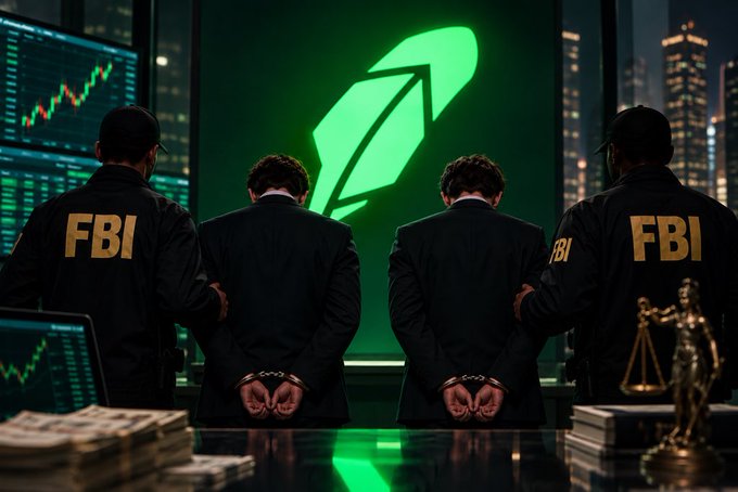 An AI-generated illustration depicting two men in handcuffs being escorted by FBI agents in front of a glowing green rocket logo, with a stock chart and city skyline in the background.