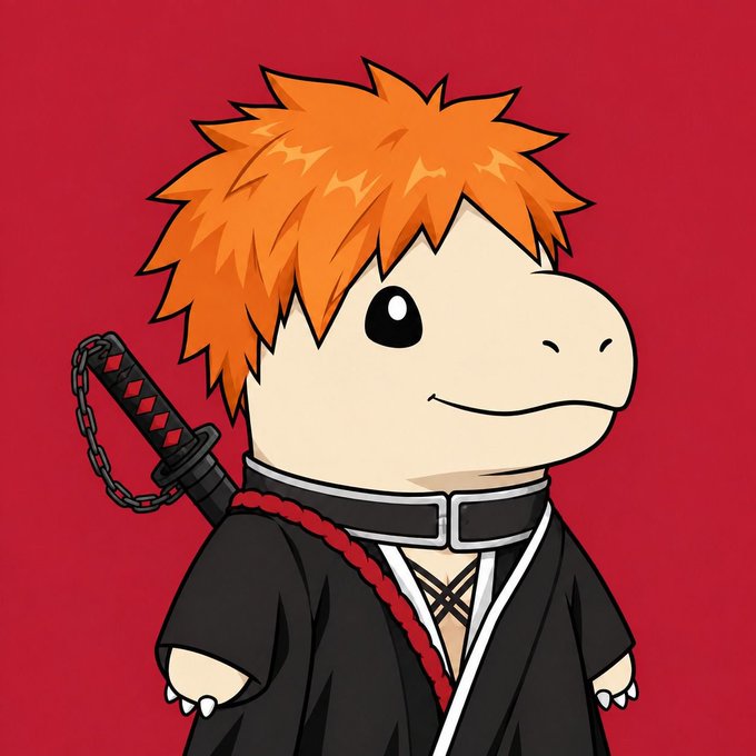 A cartoon illustration of a turtle character with spiky orange hair resembling Ichigo from Bleach, wearing a black robe and a red beaded necklace, with a sword strapped to its back against a solid red background.