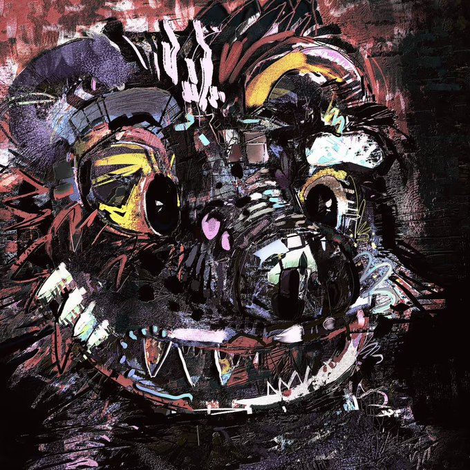 A vibrant, abstract digital artwork depicting a distorted, menacing face with sharp teeth and intense yellow eyes rendered in chaotic, colorful brushstrokes.