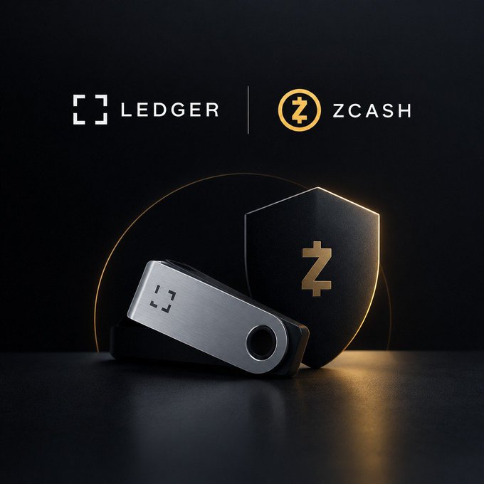 A promotional image showing the Ledger and Zcash logos alongside a Ledger hardware wallet device and a shield bearing the Zcash (ZEC) symbol on a dark background.