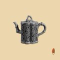 A small textured silver teapot illustration sits on a beige background with a small red dot.