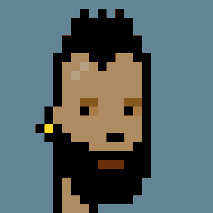 A pixel art portrait of a punk character with dark hair, a tan complexion, and a yellow earring against a blue background. The image represents CryptoPunk #4714, which was purchased for 39.88 ETH ($106,984 USD).