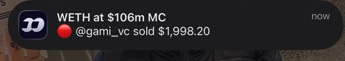 A notification reads 'WETH at $106m MC' with '@gami_vc sold $1,998.20' displayed below it.
