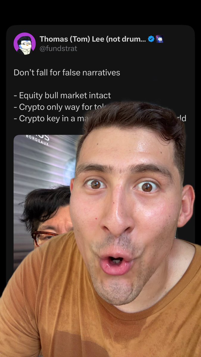 The image shows a man with a surprised expression on his face, wearing an orange shirt. The caption of the image reads "ALL IN $XRP BEFORE THIS HAPPENS, send it @fundstrat", which suggests that there might be some sort of investment opportunity related to cryptocurrency in the future.