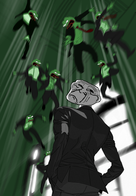 An anime-style illustration depicts a stern-faced man in a black suit standing calmly in the foreground while multiple green-suited figures tumble dramatically through the air behind him.