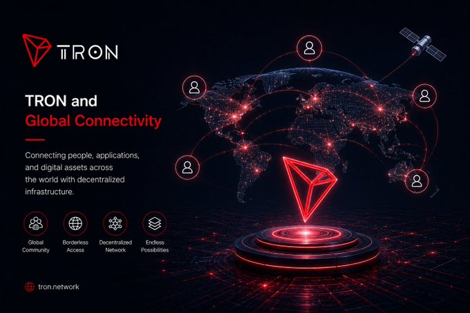 A promotional graphic for 'TRON and Global Connectivity' showing the TRON logo on a circular platform with a digital world map, connected by nodes representing global community, borderless access, decentralized network, and endless possibilities.