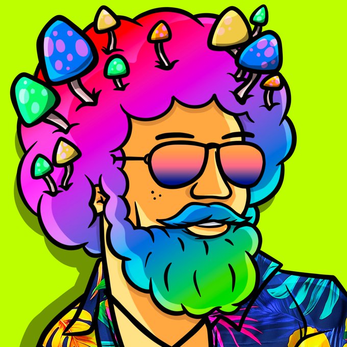 A vibrant cartoon illustration of a man with rainbow-colored afro hair sprouting colorful mushrooms, wearing gradient sunglasses and a matching beard, set against a bright green background.