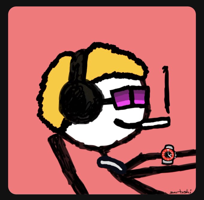 A hand-drawn cartoon sketch of a yellow character wearing headphones and purple sunglasses, smoking a cigarette while looking at a wristwatch.