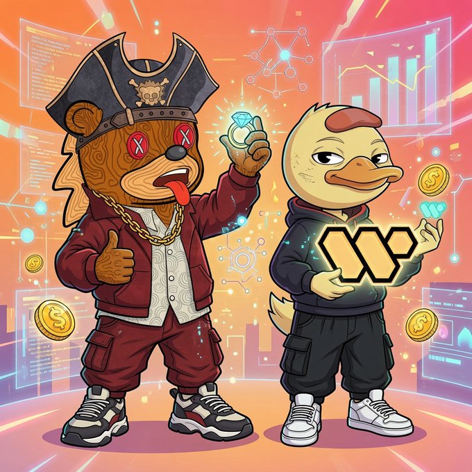 A vibrant cartoon illustration of a bear character dressed as a pirate with an eyepatch and gold chain standing next to a duck character holding a glowing hexagonal logo, surrounded by floating coins and digital charts.