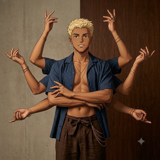 An anime-style illustration of a blonde man in an unbuttoned blue shirt with multiple extra arms in various poses, adorned with rings and bracelets.