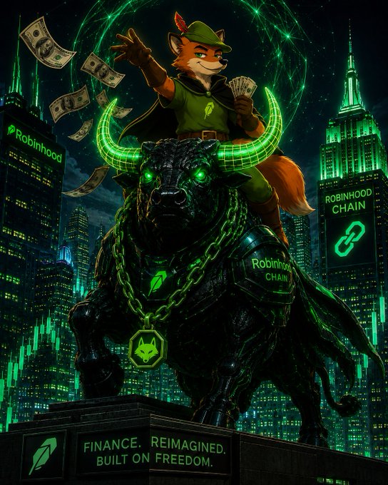 An illustrated promotional image featuring a fox dressed as Robin Hood riding a black bull with glowing green horns, set against a green-lit city skyline with "Robinhood" and "Robinhood CHAIN" branding, captioned "FINANCE. REIMAGINED. BUILT ON FREEDOM."
