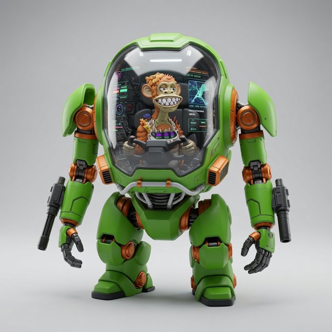 A 3D render of a green and orange mech suit with a transparent cockpit containing a grinning cartoon monkey character at the controls, standing against a gray background.