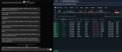 A computer screen displays a split view with a code editor on the left and a financial trading chart for Alphabet Inc. (GOOGL) showing candlestick patterns and market data on the right.