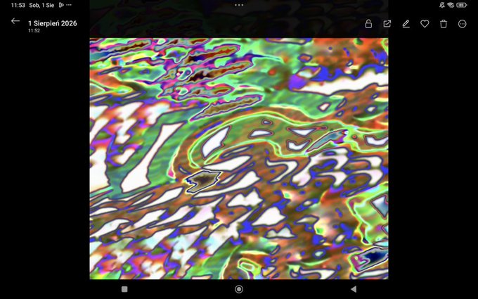A colorful abstract digital artwork with swirling patterns in green, orange, blue, and white, displayed in a gallery view on a phone with the date '1 Sierpień 2026' (August 1, 2026).