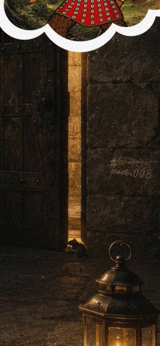 A small furry creature peers out from behind a heavy wooden door ajar in a dark stone passage, with a glowing lantern in the foreground. The watermark "paes_008" appears etched into the stone wall. This matches the post about a fuzzy friend longing for freedom—still cautious near the doorway, not quite ready to leave.