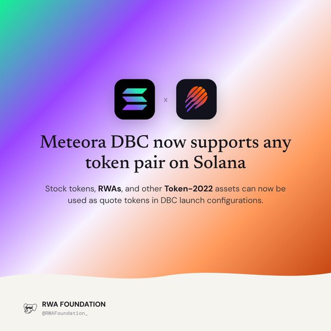 A promotional graphic on a gradient background announcing that 'Meteora DBC now supports any token pair on Solana,' noting that stock tokens, RWAs, and Token-2022 assets can be used as quote tokens. The RWA Foundation (@RWAFoundation_) is credited at the bottom.
