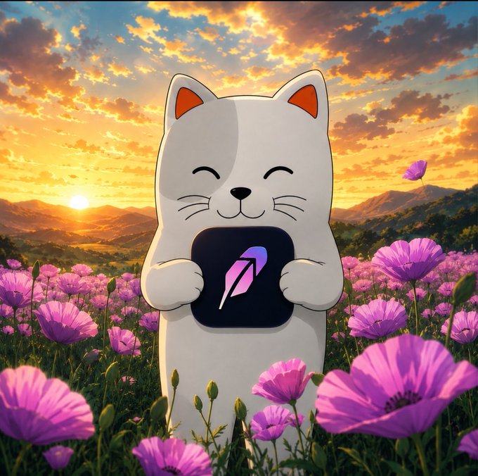A cartoon white cat with closed, content eyes stands in a field of pink flowers at sunset, holding up the Robinhood Crypto app icon. The image's serene aesthetic and the cat holding a "verified" crypto symbol visually reinforce the announcement that Purr Cat ($PURR) is now verified on the Robinhood Crypto wallet.