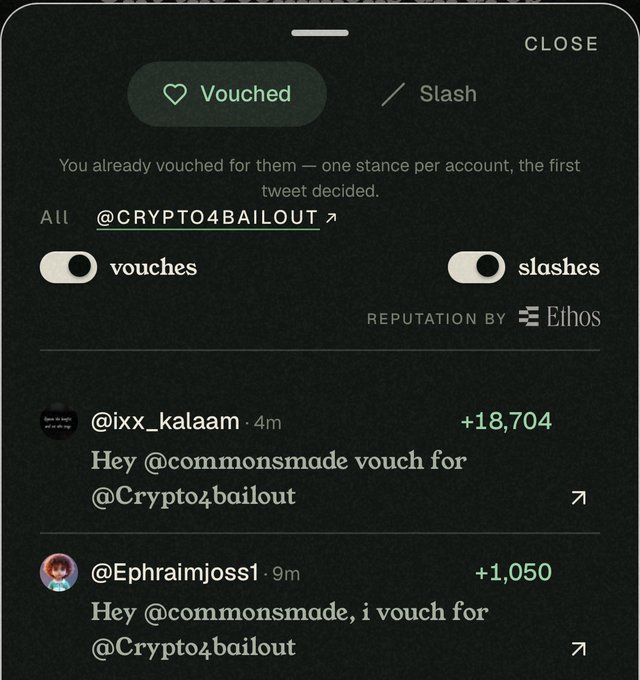 A dark-themed app interface showing 'Vouched' and 'Slash' options for @CRYPTO4BAILOUT, with reputation tracked by 'Ethos' and notification entries from @ixx_kalaam and @Ephraimjoss1.