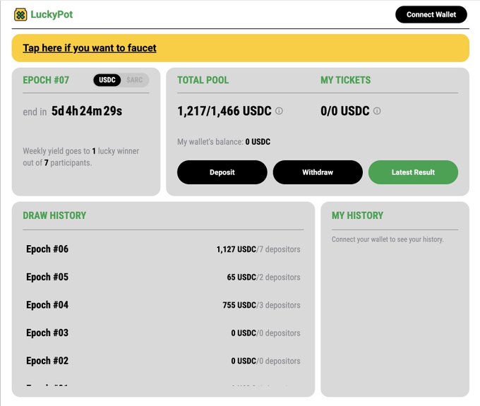 A screenshot of the "LuckyPot" website displaying a USDC prize pool lottery with Epoch #07 ending in 5d 4h 24m 29s, a total pool of 1,217/1,466 USDC, and draw history results.