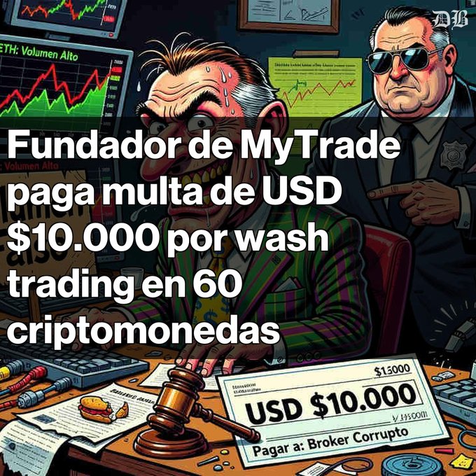 A cartoon illustration of a stressed, sweating man at a desk with trading charts, being confronted by a stern figure in sunglasses, with text overlay reading 'Fundador de MyTrade paga multa de USD $10.000 por wash trading en 60 criptomonedas' and a check for USD $10,000.