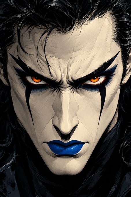 A stylized digital illustration depicts a pale-skinned figure with dark hair, intense orange eyes with black markings, and bright blue lips.