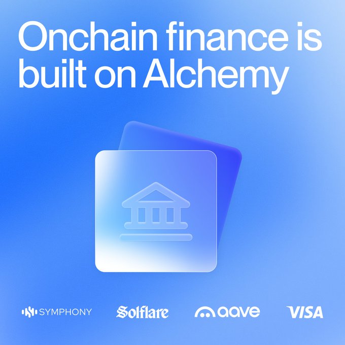 A promotional graphic featuring the headline "Onchain finance is built on Alchemy" alongside a bank icon and logos for Symphony, Solflare, Aave, and Visa, reinforcing the post's message about Symphony's partnership with Alchemy.