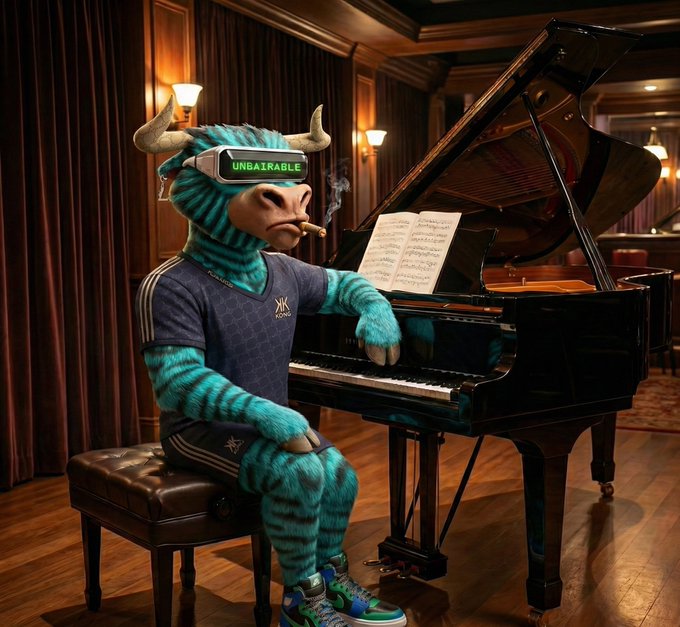 A turquoise horned creature wearing sneakers and a VR-style headset labeled "UNBAIRABLE" sits at a grand piano in a dimly lit lounge, smoking a cigar. The "Gm bulls" caption plays on the creature's bullish, market-mooing persona while the "UNBAIRABLE" headset humorously suggests GM stock has become too absurd—or too good—to ignore.