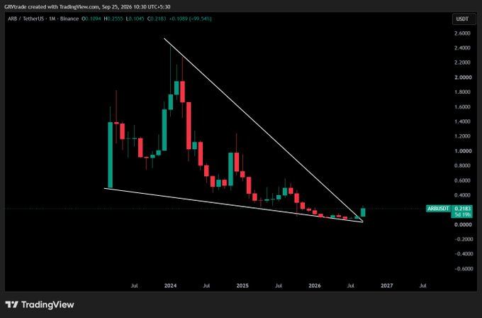 A TradingView candlestick chart for ARB/USDT on Binance showing a descending triangle pattern with prices declining from around 1.8 to 0.23, marked with a 99.54% decrease.