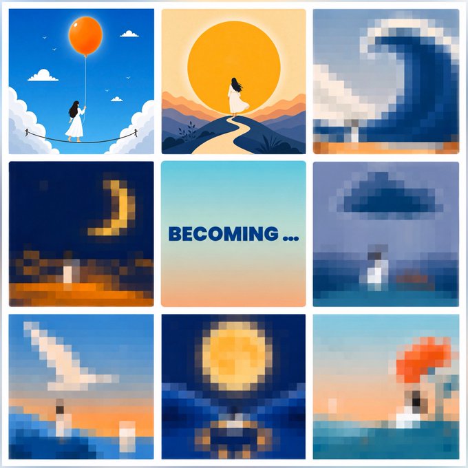 A 3x3 grid of nine artistic images depicting a young woman's journey of self-discovery, with a center tile reading 'BECOMING...' surrounded by scenes of balloons, sunsets, ocean waves, and solitary figures in pixelated illustration style.