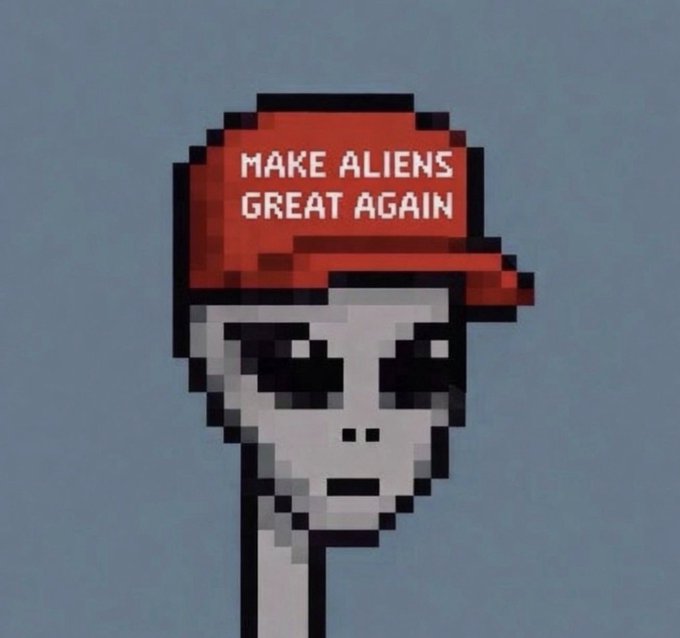 A pixel art illustration depicts a gray alien head wearing a red baseball cap with the white text 'MAKE ALIENS GREAT AGAIN'.
