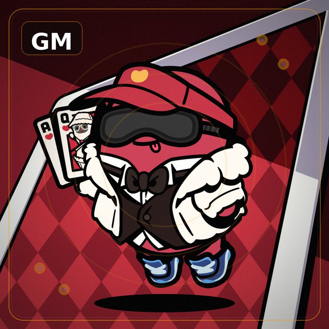 A digital trading card featuring a red round cartoon character wearing a cap, sunglasses, and tuxedo, holding playing cards with 'GM' text in the top left corner on a red checkered background.