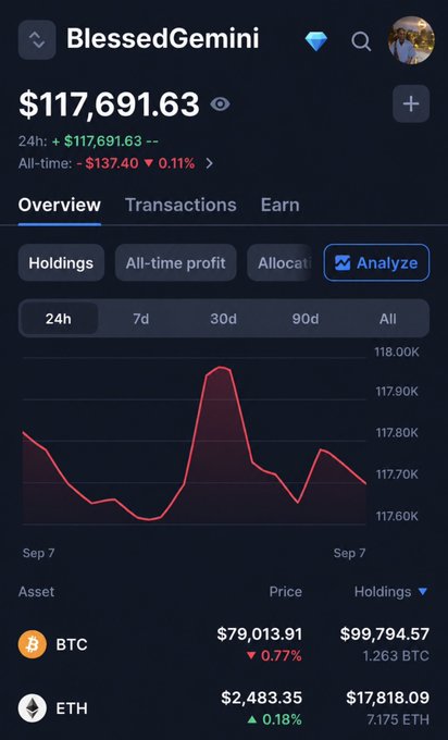 A cryptocurrency portfolio dashboard for user "BlessedGemini" showing a balance of $117,691.63, with holdings including BTC ($79,013.91) and ETH ($2,483.35) along with a 24-hour price chart.