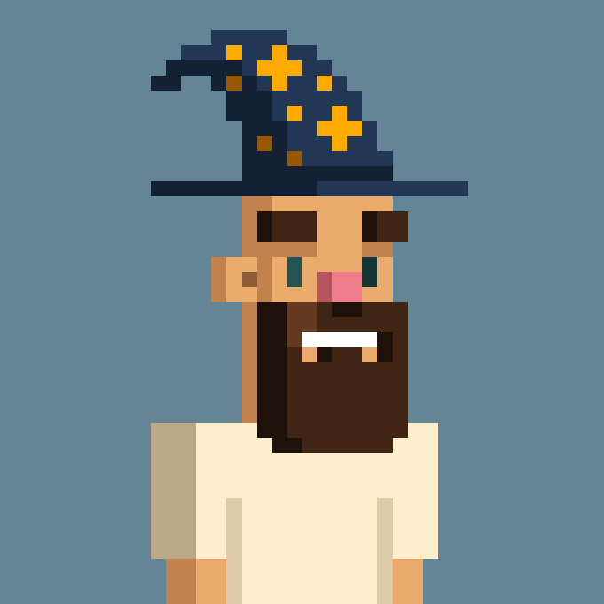 A pixel art portrait of a bearded man wearing a dark blue wizard hat decorated with yellow stars, set against a solid blue background.
