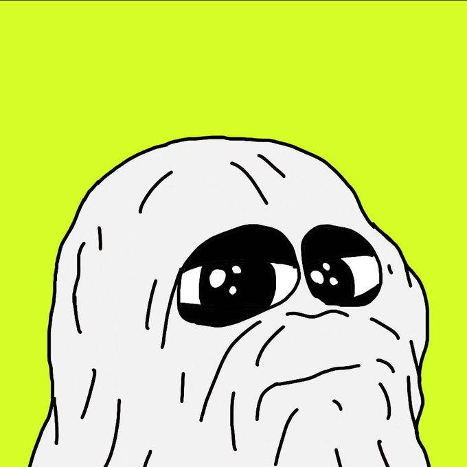 A cartoon-style drawing of a sad, droopy-eyed ghost-like character with wrinkled skin against a bright yellow-green background, conveying a disappointed or weary mood that contrasts with the post's announcement about an upcoming mint by @HoodTangs.