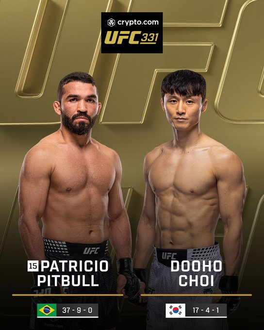 UFC 331 promotional poster featuring a faceoff between Patricio Pitbull (37-9-0, Brazil) and Dooho Choi (17-4-1, South Korea), with the "crypto.com UFC 331" logo at the top and the post's call-to-action link to watch the matchup.