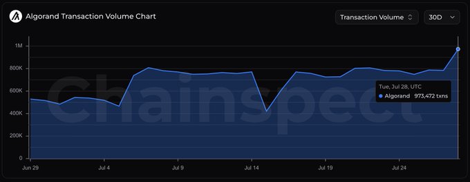 A ChainSpect chart titled 'Algorand Transaction Volume Chart' showing 30-day transaction volume, with a highlighted data point on Tue, Jul 28 UTC showing Algorand at 973,472 transactions.
