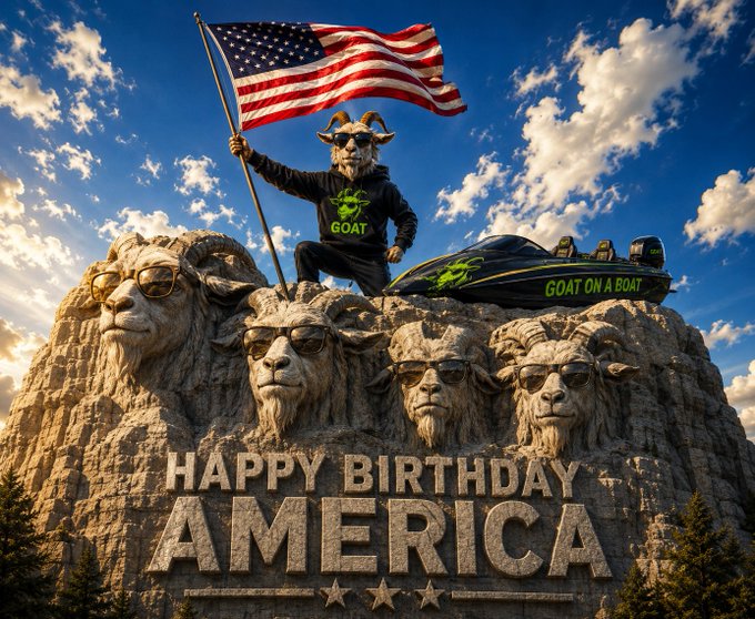 An AI-generated Mount Rushmore parody featuring goats with sunglasses in place of presidents, with a goat in a 'GOAT' hoodie waving an American flag, captioned 'HAPPY BIRTHDAY AMERICA' alongside a 'GOAT ON A BOAT' speedboat.