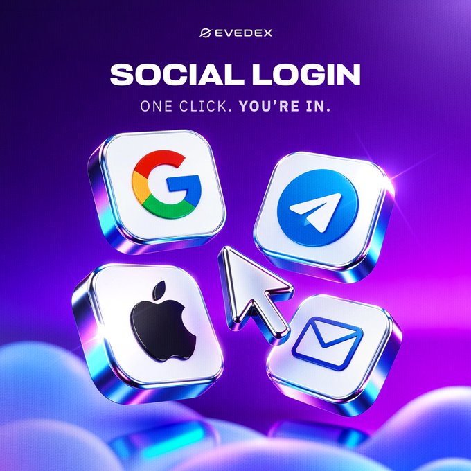 A promotional graphic for EVEDEX featuring the "SOCIAL LOGIN" headline and tagline "ONE CLICK. YOU'RE IN." displayed above 3D rendered icons for Google, Telegram, Apple, and email, with a cursor pointer highlighting the seamless one-click sign-up experience.