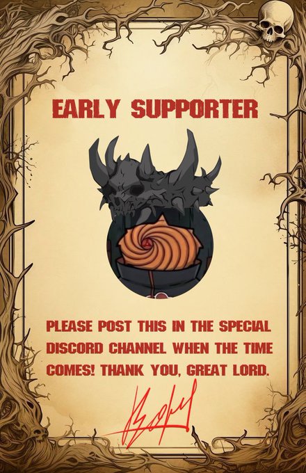 A certificate of appreciation reading "EARLY SUPPORTER" featuring an illustration of a horned skull with an orange swirl design, framed by gnarled tree branches and a small skull, with instructions to post it in the "SPECIAL DISCORD CHANNEL" and a red signature. The image appears to be the promised unique hand-drawn artwork for early supporters of the @BonezNFT project on ETH.
