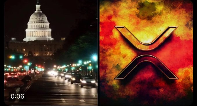 A split-screen image shows the U.S. Capitol building illuminated at night on the left (timestamped 0:06), paired with the XRP logo set against a fiery red and orange background on the right—visually reinforcing the post's message about a former U.S. official endorsing Ripple and XRP as foundational to the future financial system.