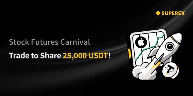 A SuperEx promotional banner for the "Stock Futures Carnival" featuring a rocket and stock chart graphic, advertising a prize pool of 25,000 USDT with the post's text cut off mid-sentence describing a trading leaderboard reward of 1,000 USDT.