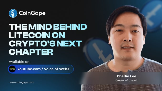 The image features a man with black hair wearing a gray shirt who appears to be smiling at the camera. The background of the image is dark blue, which contrasts with the white text that reads "The Mind Behind Litecoin on Cryptos Next Chapter". Below this title, there are two lines of text providing information about the podcast and its creator.