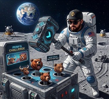 The image features a man wearing an astronaut suit, standing next to a machine filled with bears. He has just pulled up the bear machine's lever to start a challenge where he has to pull out three bears from the machine using his hammer. A sign is visible in the background that says "THE $1K ➔ $10K PERPS CHALLENGE IS OFFICIALLY HERE! After letting the market settle, it's time to adapt and build back up". The man appears focused on completing the challenge with a sense of determination.