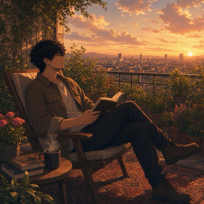 An anime-style illustration of a young man reading a book while relaxing in a wooden chair on a balcony, with a steaming mug beside him and a sunset cityscape in the background.