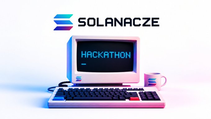 Promotional graphic for 'SOLANACZE HACKATHON' featuring a retro-style pink and blue computer setup with a vintage monitor displaying 'HACKATHON' in blue text.