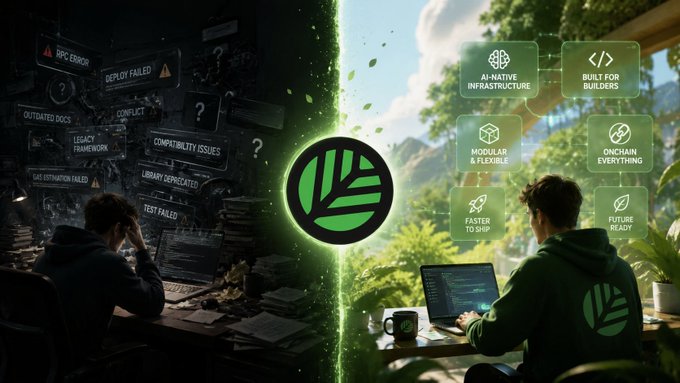 The image is a split-screen comparison showing a frustrated developer on the left side surrounded by error messages like "DEPLOY FAILED," "CONFLICT," and "TEST FAILED," contrasted with a calm developer on the right working efficiently in a bright, modern environment with features like "AI-NATIVE INFRASTRUCTURE," "BUILT FOR BUILDERS," "MODULAR & FLEXIBLE," and "FUTURE-READY" — visually representing how @CNPYNetwork eliminates the friction of outdated blockchain tooling so developers can focus on building rather than debugging.